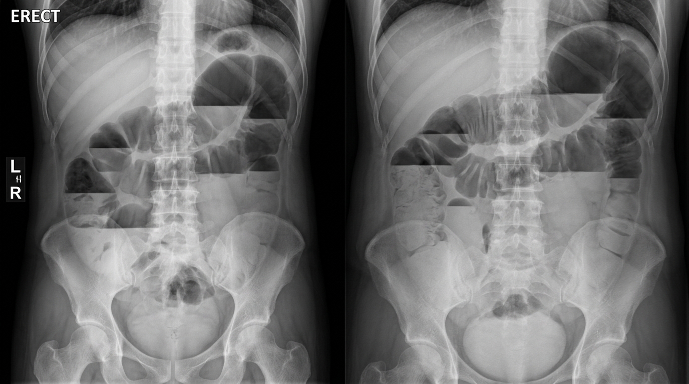 Erect Abdominal X-Ray showing Kloiber Cups and Intestinal Obstruction