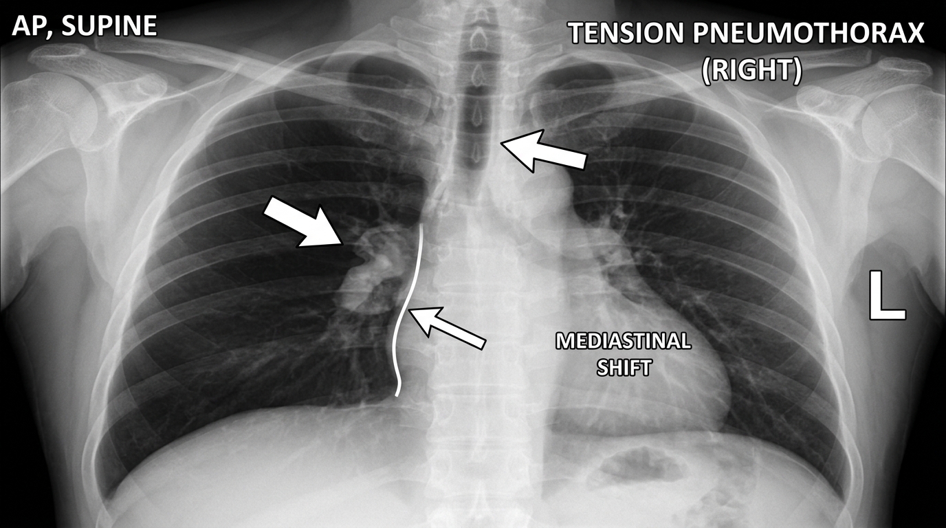 Tension Pneumothorax Chest Radiograph Mediastinal Shift